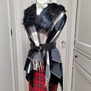 New! J Crew Faux-fur Black White Buffalo Check plaid cape-scarf Womens NWT